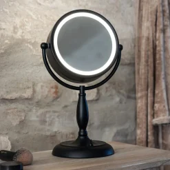 Ansigtsbordspejl med lys, sort, metal, højde 36 cm