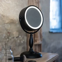 Ansigtsbordspejl med lys, sort, metal, højde 36 cm