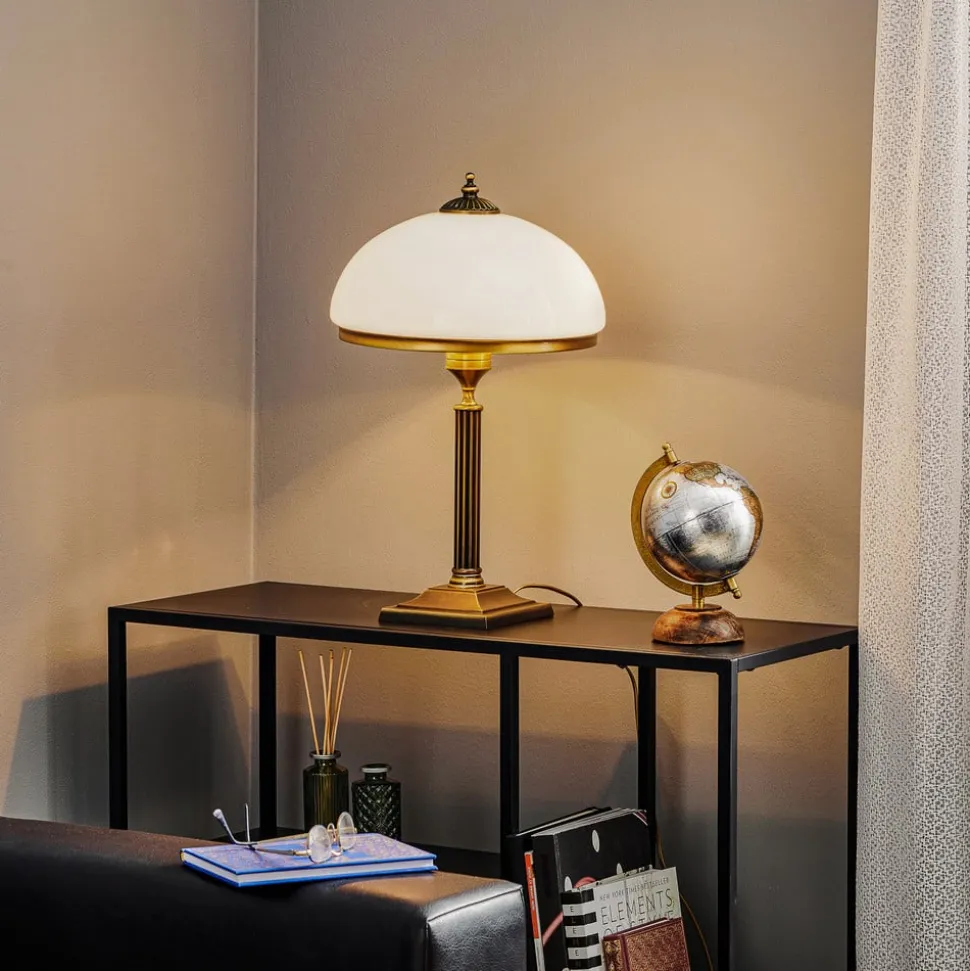 Bordlampe Petro, glas, antik messingfarve, højde 50 cm