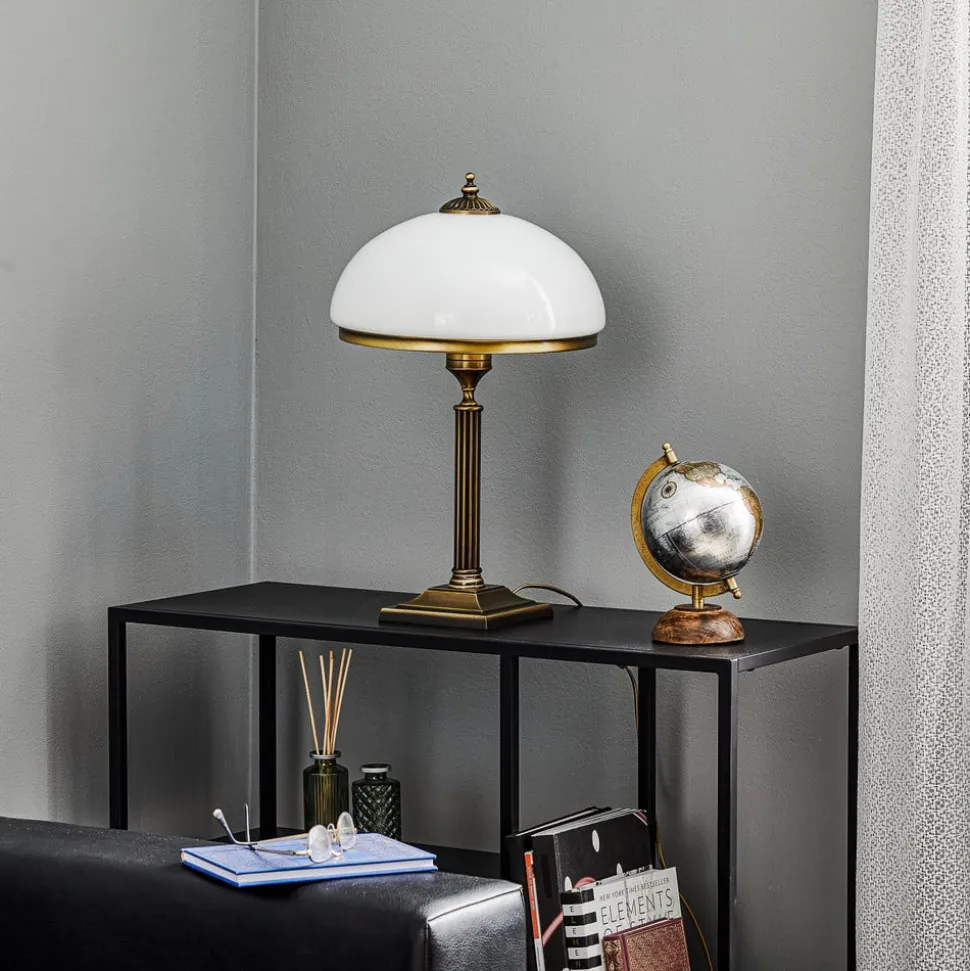 Bordlampe Petro, glas, antik messingfarve, højde 50 cm