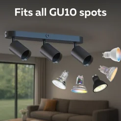 Calex GU10 loftspot, sort, længde 37 cm, 3 lyskilder, metal