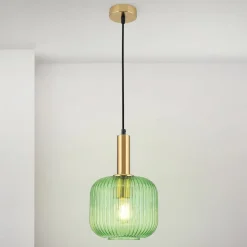 Carneval pendellampe, antik messing/grøn, Ø 20 cm, glas