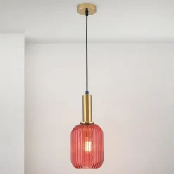 Carneval pendellampe, antik messing/rød, Ø 14 cm, glas