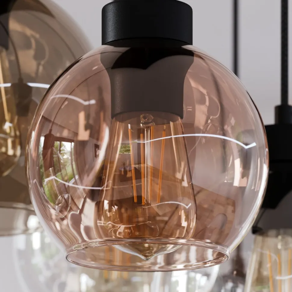 Cubus hængelampe, 85 cm, 8 lyskilder, klar/honning/brun, glas