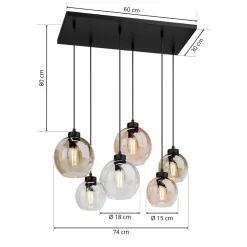 Cubus hængelampe, 74 cm, 6 lyskilder, klar/honning/brun, glas