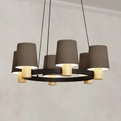 Edale lysekrone, 6xstofskærm, cappuccino, runde