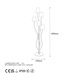 Gulvlampe Bonibon 13237 guldfarvet metal højde 160 cm 5 lyskilder.