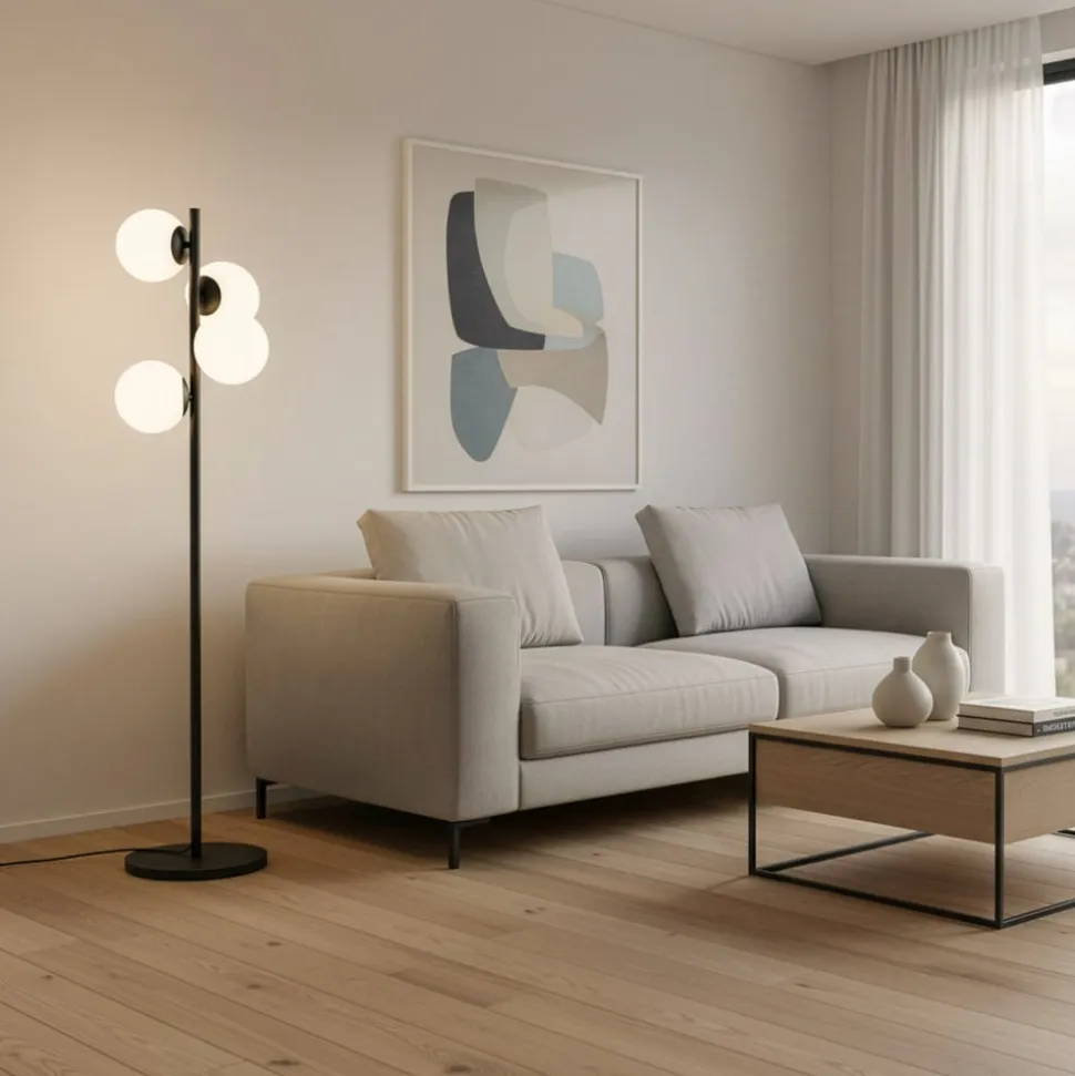 Gulvlampe Faze, sort, glas, højde 130 cm, 4 lyskilder, E27