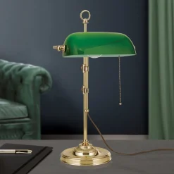 Harvard banklampe med trækafbryder, messing/grøn