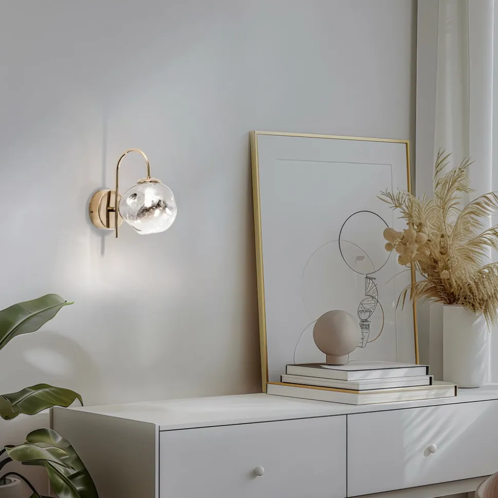 Herman væglampe, guldfarvet, højde 23 cm, glas, jern