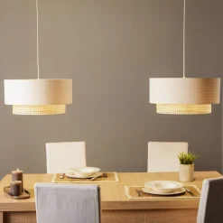 Hængelampe Boho, 2 lyskilder, tekstil, creme-hvid/rattan