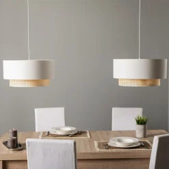 Hængelampe Boho, 2 lyskilder, tekstil, creme-hvid/rattan