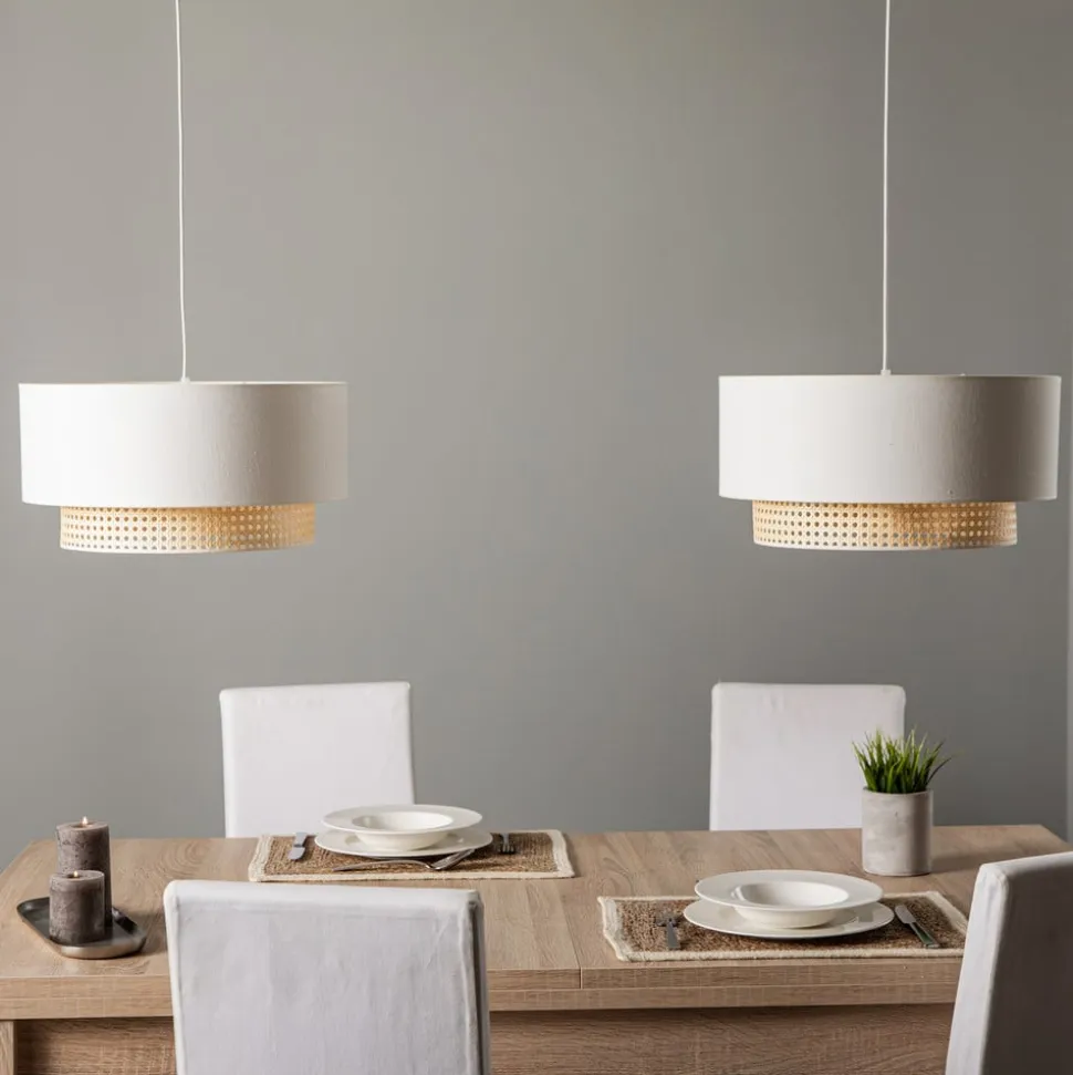 Hængelampe Boho, 2 lyskilder, tekstil, creme-hvid/rattan