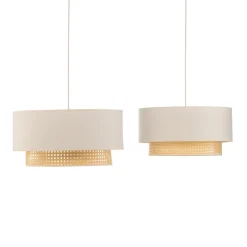 Hængelampe Boho, 2 lyskilder, tekstil, creme-hvid/rattan