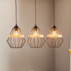 Hængelampe Cliff, tre burskærme med træbånd