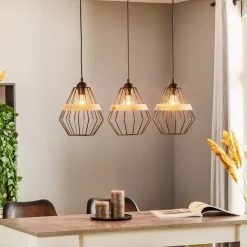 Hængelampe Cliff, tre burskærme med træbånd