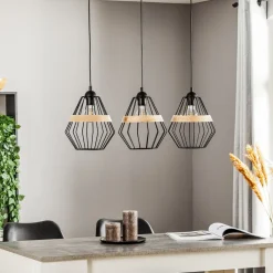 Hængelampe Cliff, tre burskærme med træbånd