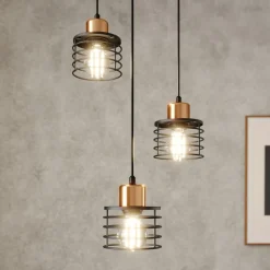 Hængelampe Edison i sort/kobber, 3 lyskilder, rund