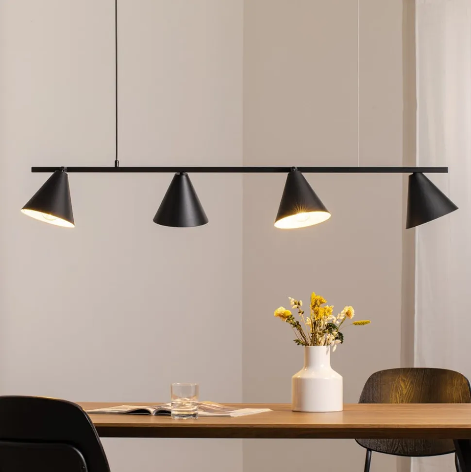 Hængelampe form 4, sort, metal, 4 lyskilder, kegle, E27