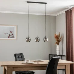 Hængelampe Glassy, 3 lyskilder, lige, sort, grafit, glas