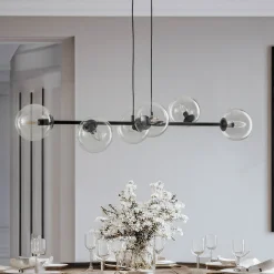 Hængelampe Glassy, 6 lyskilder, sort, klar, glas, 110 cm