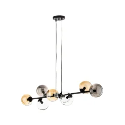 Hængelampe Glassy, 8 lyskilder, sort, grafit/amber/klar