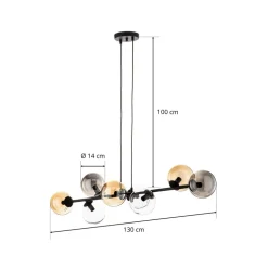 Hængelampe Glassy, 8 lyskilder, sort, grafit/amber/klar