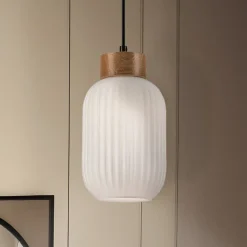 Hængelampe Harmony, Ø 14 cm, hvid/eg, glas/træ