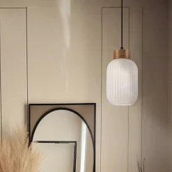 Hængelampe Harmony, Ø 14 cm, hvid/eg, glas/træ