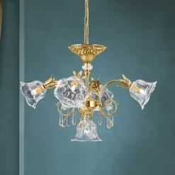 Hængelampe La Boheme, guld, 5 lyskilder, krystalglas