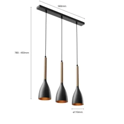 Hængelampe Muza 3 lyskilder lang sort/lys træ