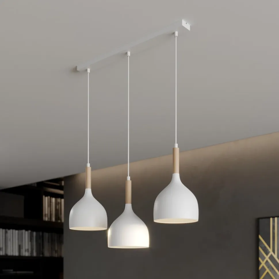 Hængelampe Noak, hvid/naturtræ, 3 lyskilder lang