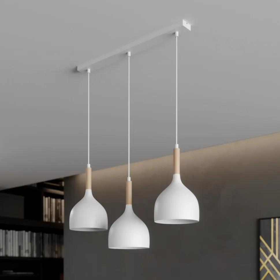 Hængelampe Noak, hvid/naturtræ, 3 lyskilder lang