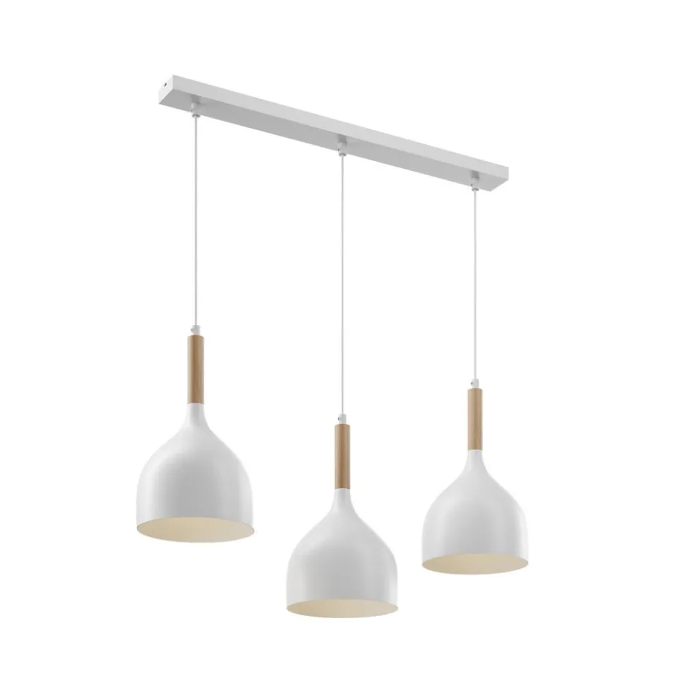 Hængelampe Noak, hvid/naturtræ, 3 lyskilder lang