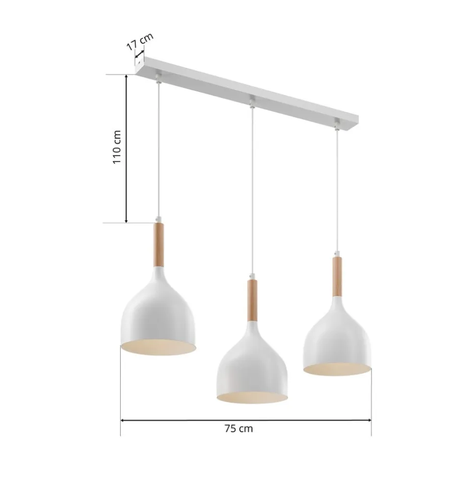Hængelampe Noak, hvid/naturtræ, 3 lyskilder lang