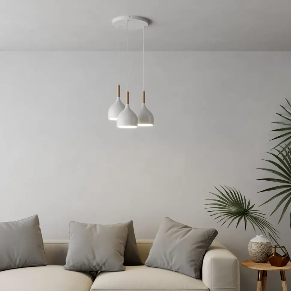 Hængelampe Noak med 3 lyskilder, rund, hvid/naturtræ