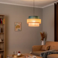 Hængelampe Trio, juteskærm, petrol/naturbrun/orange Ø 50cm