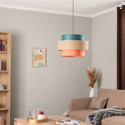 Hængelampe Trio, juteskærm, petrol/naturbrun/orange Ø 50cm