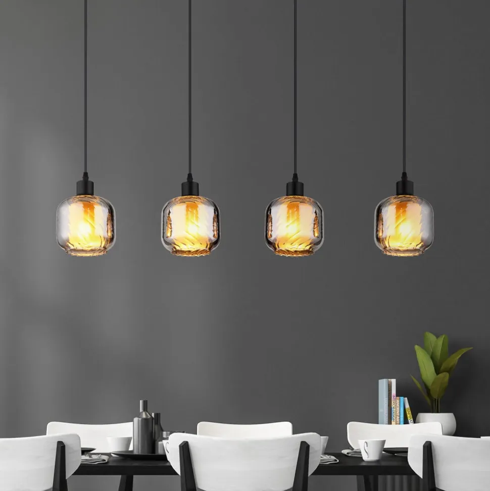 Hængelampe Xia, længde 89 cm, røggrå, 4 lyskilder, glas