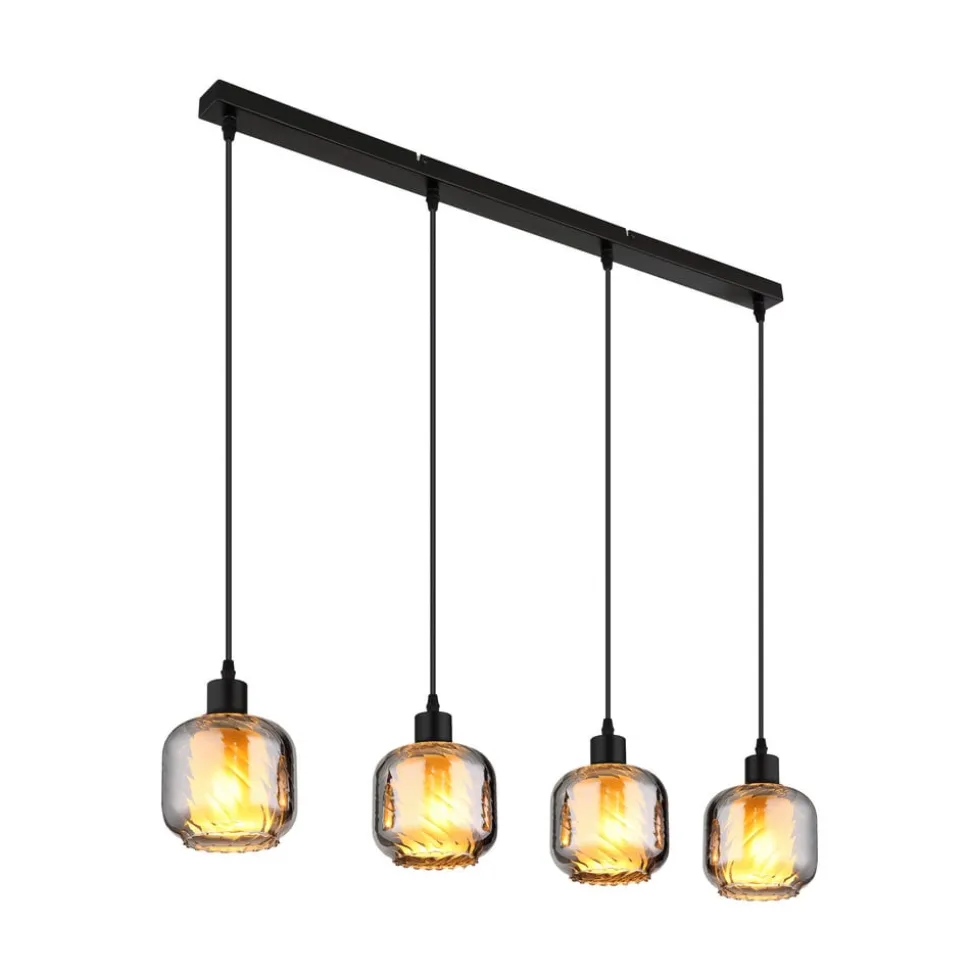 Hængelampe Xia, længde 89 cm, røggrå, 4 lyskilder, glas