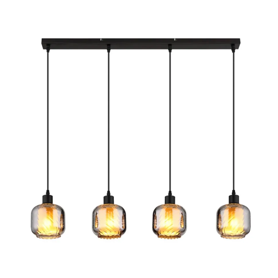 Hængelampe Xia, længde 89 cm, røggrå, 4 lyskilder, glas