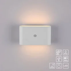 JUST LIGHT. LED-batteridrevet væglampe Ziddy, hvid, sensor 3.000 K