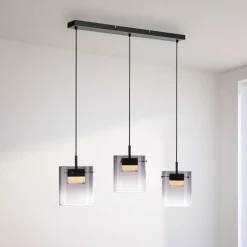 JUST LIGHT. LED-hængelampe Elio, røget glas, 3 lyskilder, sort