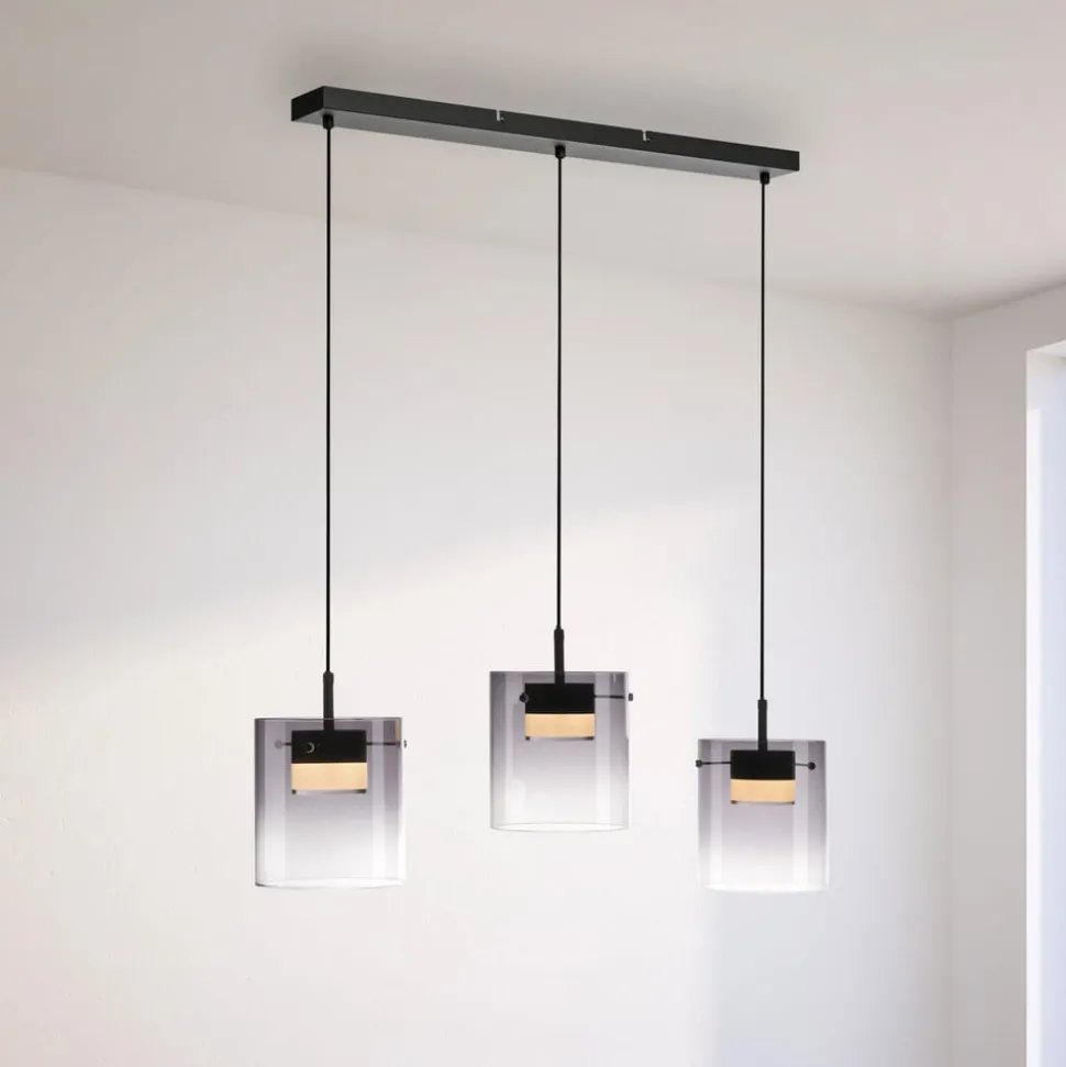 JUST LIGHT. LED-hængelampe Elio, røget glas, 3 lyskilder, sort