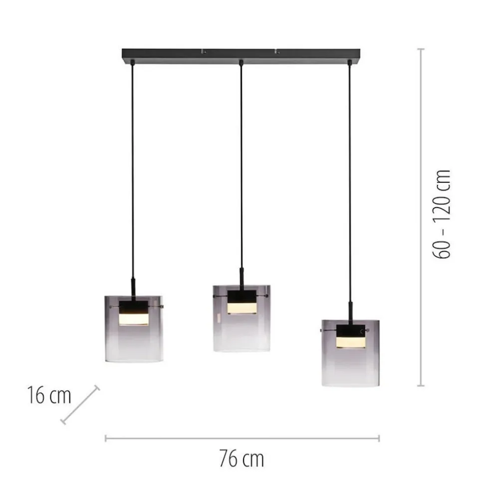 JUST LIGHT. LED-hængelampe Elio, røget glas, 3 lyskilder, sort