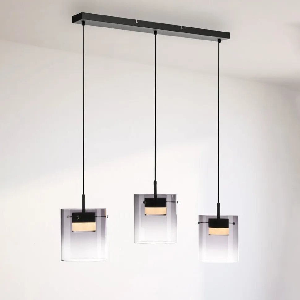 JUST LIGHT. LED-hængelampe Elio, røget glas, 3 lyskilder, sort