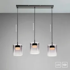 JUST LIGHT. LED-hængelampe Elio, røget glas, 3 lyskilder, sort
