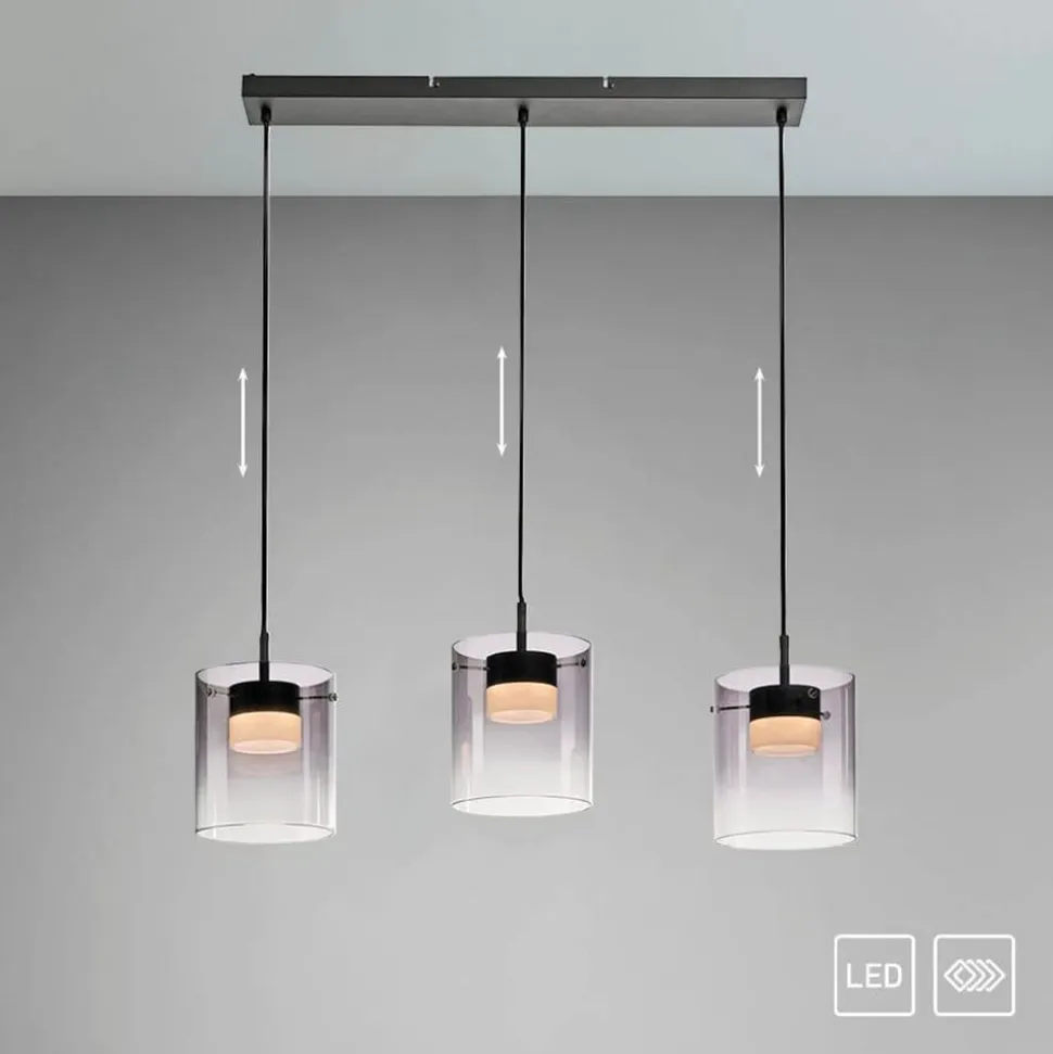 JUST LIGHT. LED-hængelampe Elio, røget glas, 3 lyskilder, sort