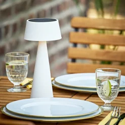 LED-bordlampe Solino, hvid, solcelle/USB, 26 cm, IP44