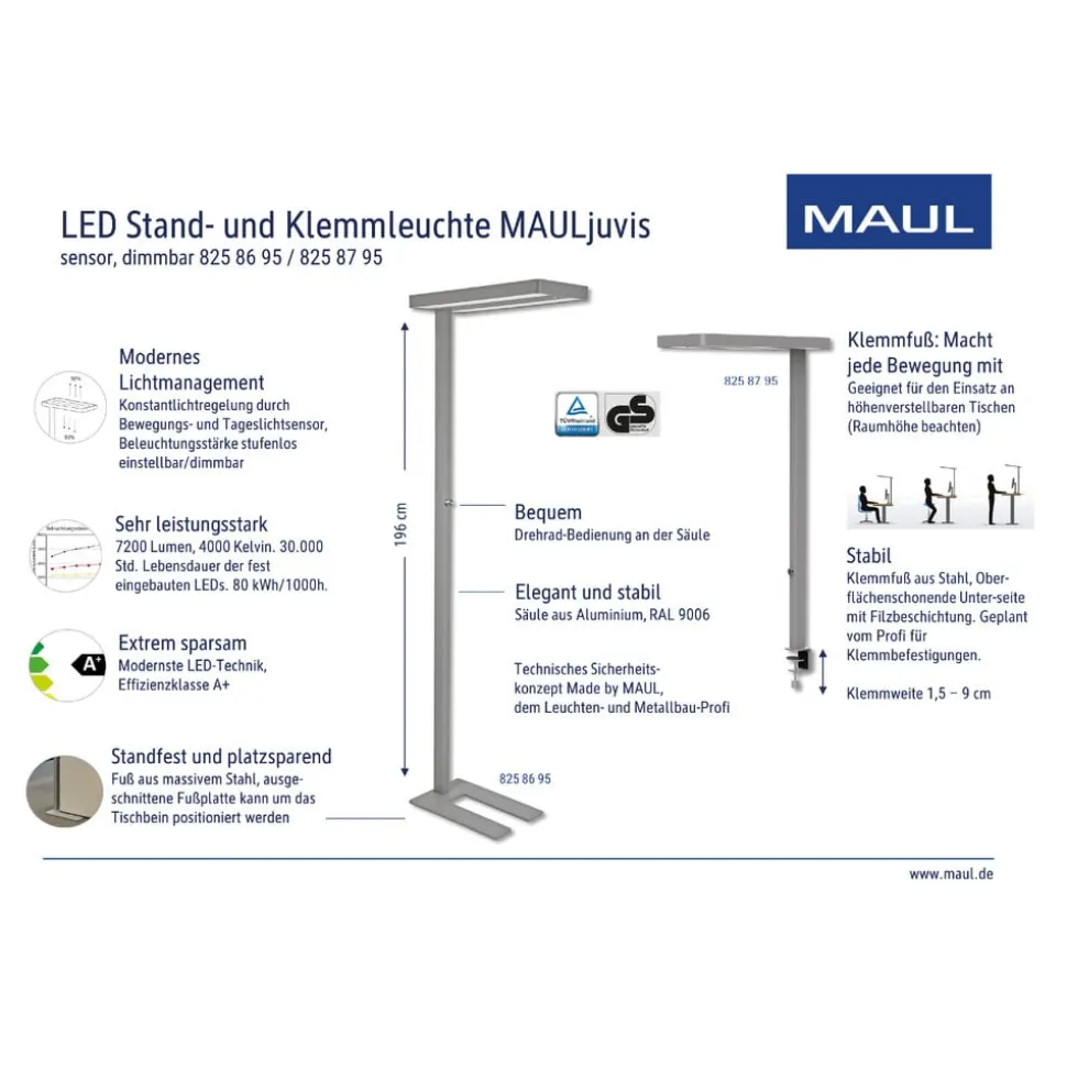 LED-gulvlampe MAULjuvis, hvid, 196 cm, fod, dæmpbar